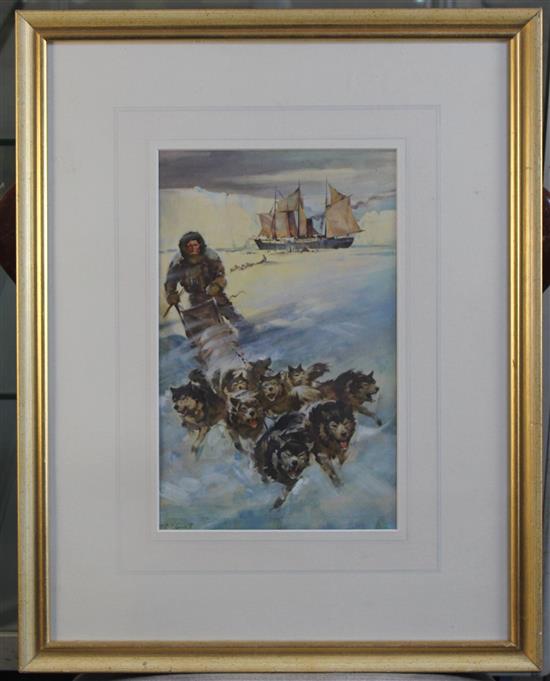 English School Book illustration depicting an arctic expedition dog sleigh, 13 x 8in.